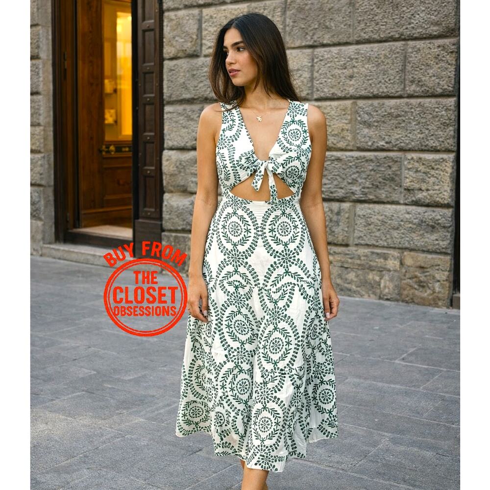 Zara NWT Green White Front Knot Cutout Midi Dress Resort Vacation M L - Picture 12 of 16
